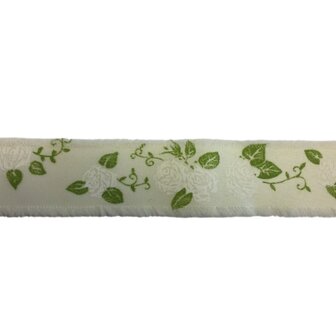 Lint creme met witte rozen print 3,5 cm breed 1 meter lang per zakje