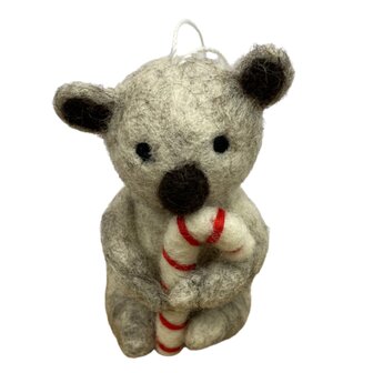 Handgemaakte wol vilt hanger Koala met Candy Cane